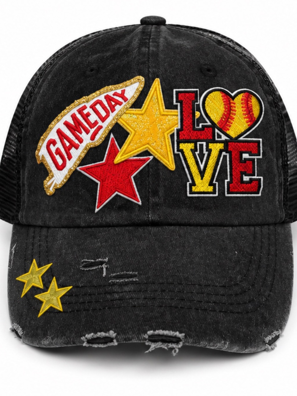 Distressed Black Grey Gameday Love saw Patch Baseball Cap